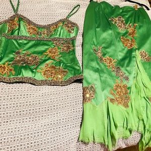 Vintage Beaded Emerald Green Mandalay Two Piece Corset and Fitted Skirt Size 10